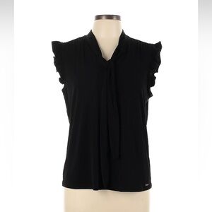Calvin Klein black tie ruffle short sleeves blouse with gold logo accent size L